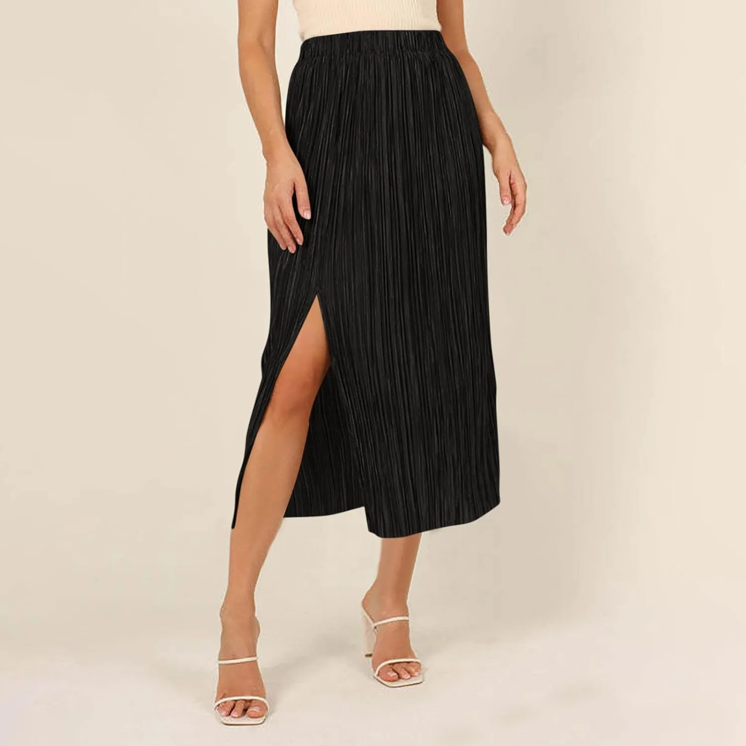 Midi Skirts for Women Split Hem Elastic Waist Long Skirt Casual Solid Color Summer Boho Dress A Line Thigh Dresses