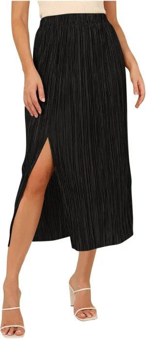 Midi Skirts for Women Split Hem Elastic Waist Long Skirt Casual Solid Color Summer Boho Dress A Line Thigh Dresses