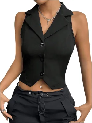 Milumia Women Button Front V Neck Collared Work Blazer Sleeveless Fitted Crop Vest