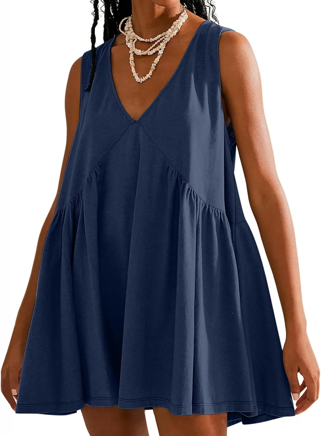 Mini Dress for Women Summer V Neck Sleeveless Pleated Babydoll Dresses Casual Loose Swing Flowy Beach Sundresses