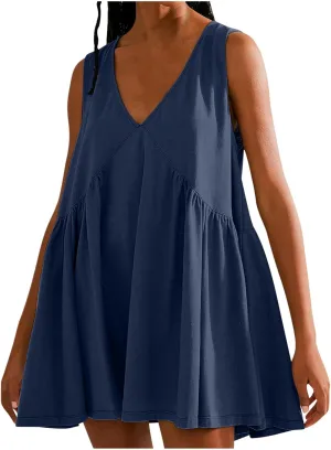 Mini Dress for Women Summer V Neck Sleeveless Pleated Babydoll Dresses Casual Loose Swing Flowy Beach Sundresses