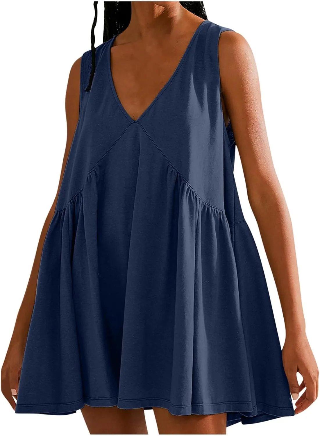 Mini Dress for Women Summer V Neck Sleeveless Pleated Babydoll Dresses Casual Loose Swing Flowy Beach Sundresses