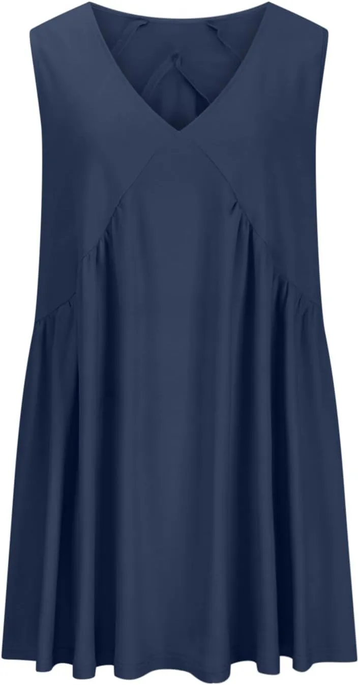Mini Dress for Women Summer V Neck Sleeveless Pleated Babydoll Dresses Casual Loose Swing Flowy Beach Sundresses