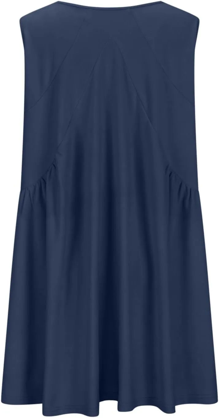 Mini Dress for Women Summer V Neck Sleeveless Pleated Babydoll Dresses Casual Loose Swing Flowy Beach Sundresses
