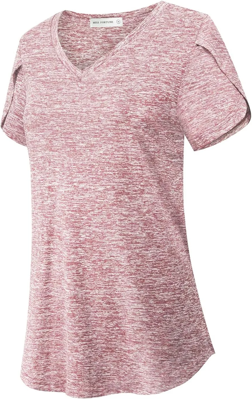 MISS FORTUNE Womens V-Neck Short Sleeve Activewear T-Shirt Petal Sleeve Casual Athletic Moisture Wicking Fitness Tops