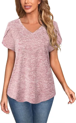 MISS FORTUNE Womens V-Neck Short Sleeve Activewear T-Shirt Petal Sleeve Casual Athletic Moisture Wicking Fitness Tops