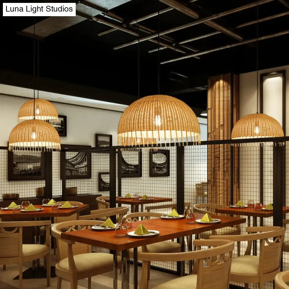 Modern 1-Head Dome Pendant Light with Bamboo Shade – Minimalistic Wood Unfinished Look