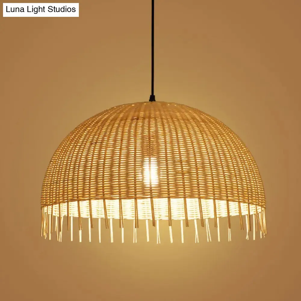 Modern 1-Head Dome Pendant Light with Bamboo Shade – Minimalistic Wood Unfinished Look