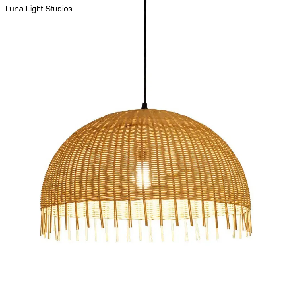 Modern 1-Head Dome Pendant Light with Bamboo Shade – Minimalistic Wood Unfinished Look