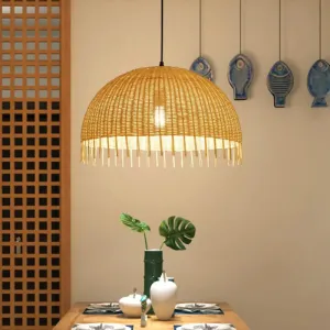 Modern 1-Head Dome Pendant Light with Bamboo Shade – Minimalistic Wood Unfinished Look