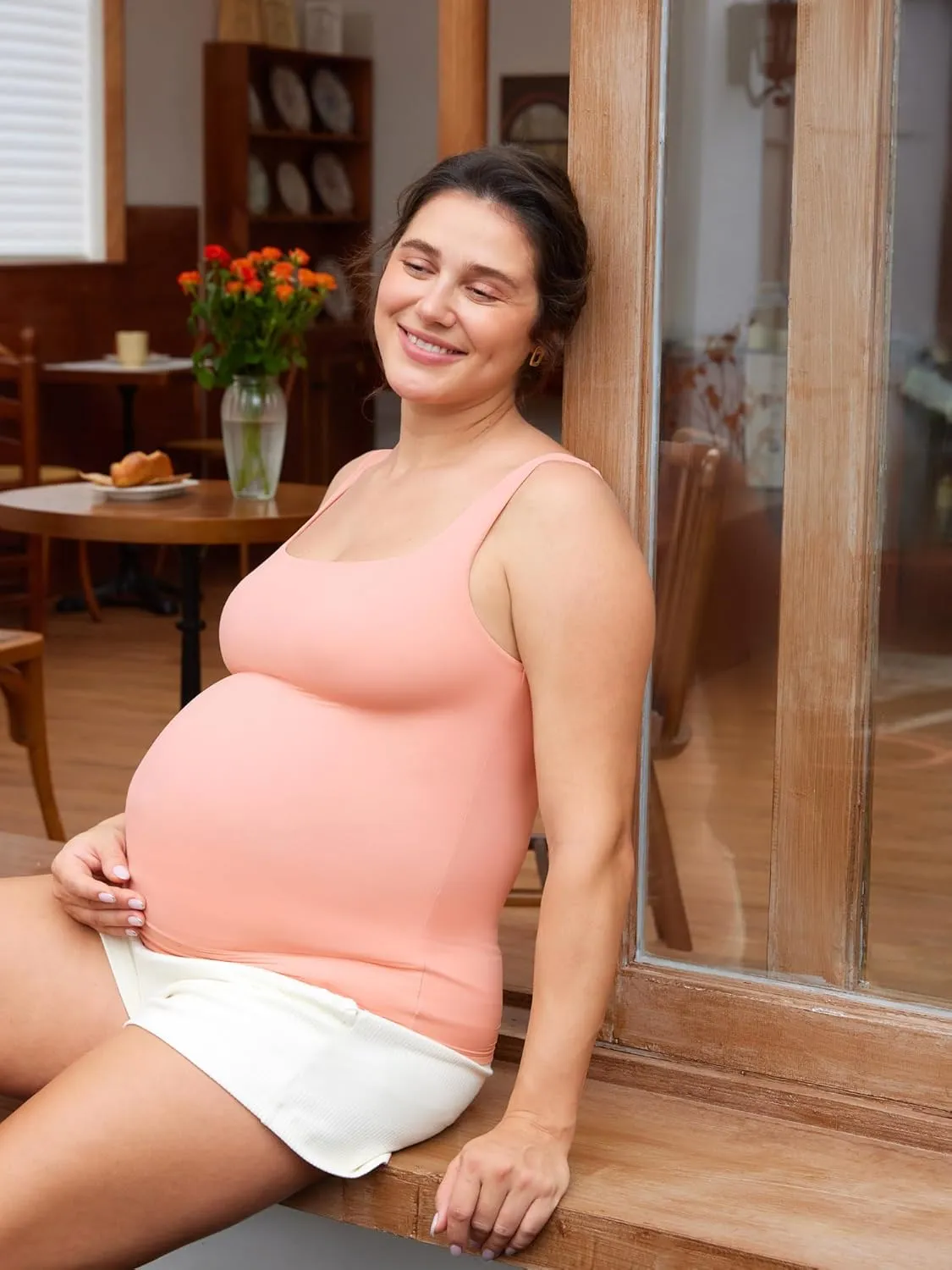 MOMANDA Inbarely Maternity Tank Top Square Neck Workout Tops with Built in Bra Pregnancy Sleeveless Yoga Maternity Clothes
