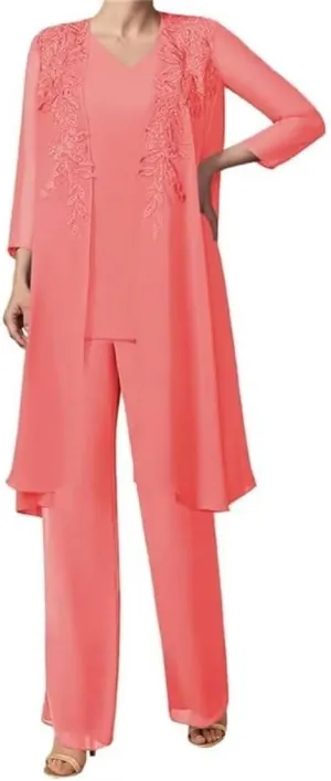 Mother of The Bride Lace Applique V Collar 3Pcs Women's Gentle Chiffon Pants Suits Wedding Party Outfit Evening Dress