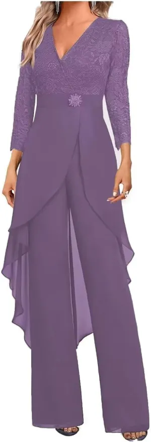 Mother of The Bride Pants Suits Dresses for Wedding Chiffon 2 Pcs Formal Pant Suits V-Neck Women's Jumpsuits