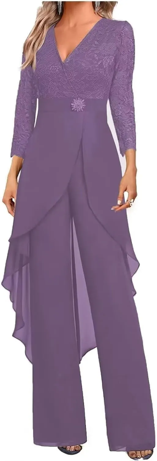 Mother of The Bride Pants Suits Dresses for Wedding Chiffon 2 Pcs Formal Pant Suits V-Neck Women's Jumpsuits