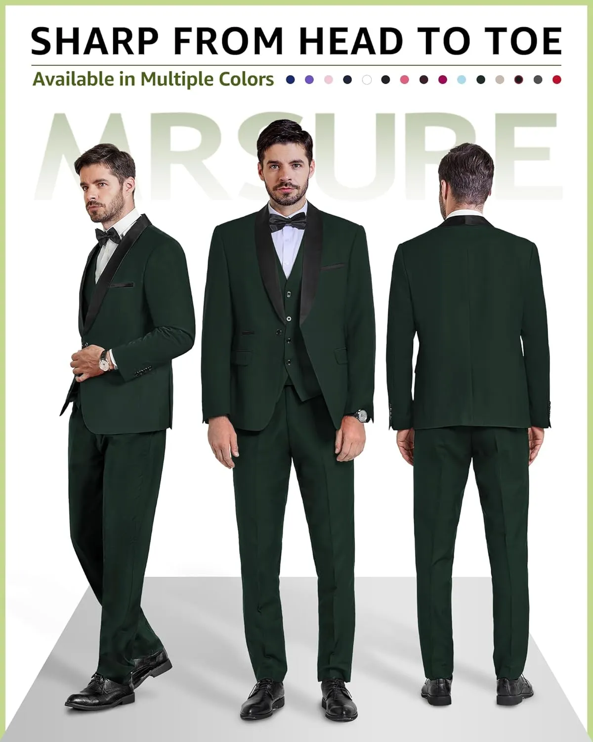 MrSure Mens 3 Piece Slim Fit Suit, One Button Shawl Lapel Tuxedo, Premium Dinner Jacket Vest Pants & Tie Set
