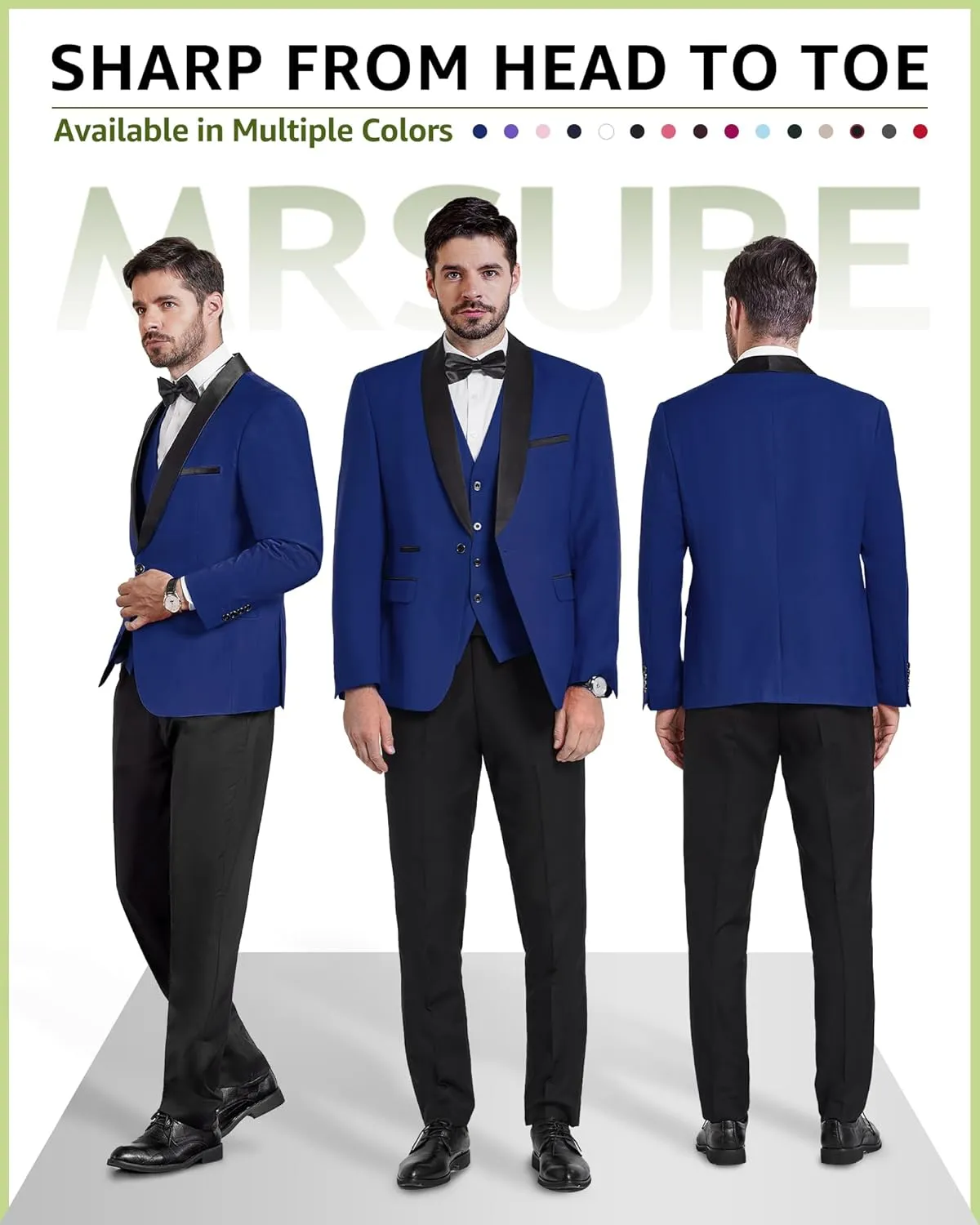 MrSure Mens 3 Piece Slim Fit Suit, One Button Shawl Lapel Tuxedo, Premium Dinner Jacket Vest Pants & Tie Set