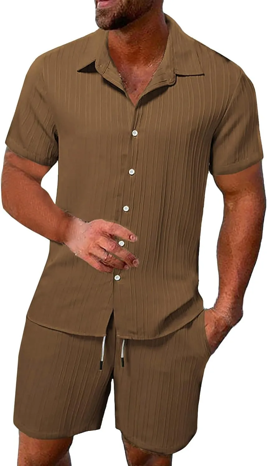 Muyise Men Short Sets 2 Piece Summer Outfits Casual Summer Button Down Short Sleeve Hawaiian Shirt and Drawstring Beach Short