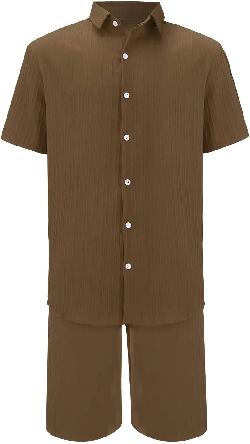 Muyise Men Short Sets 2 Piece Summer Outfits Casual Summer Button Down Short Sleeve Hawaiian Shirt and Drawstring Beach Short