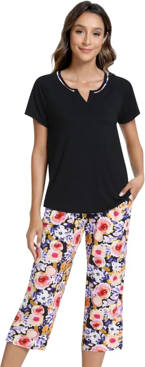 NACHILA Pajamas for Women-Viscose Made from Bamboo, Short Sleeve Sleepwear Top Cooling Capri Pants Pajama Set