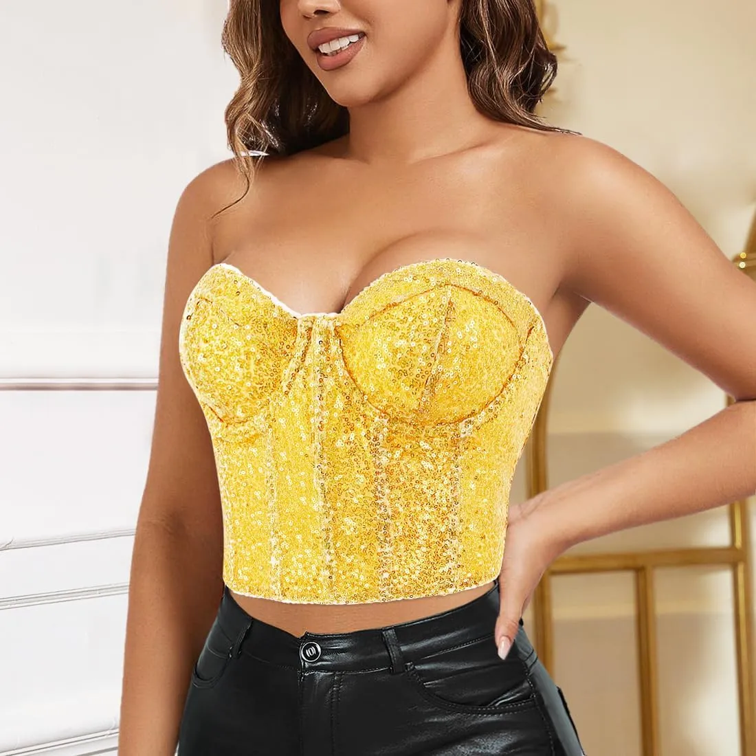 Naimo Women's Sparkle Sequin Crop Top Sleeveless V Neck Spaghetti Strap Tank Tops Vest Party Rave Shimmer Camisole