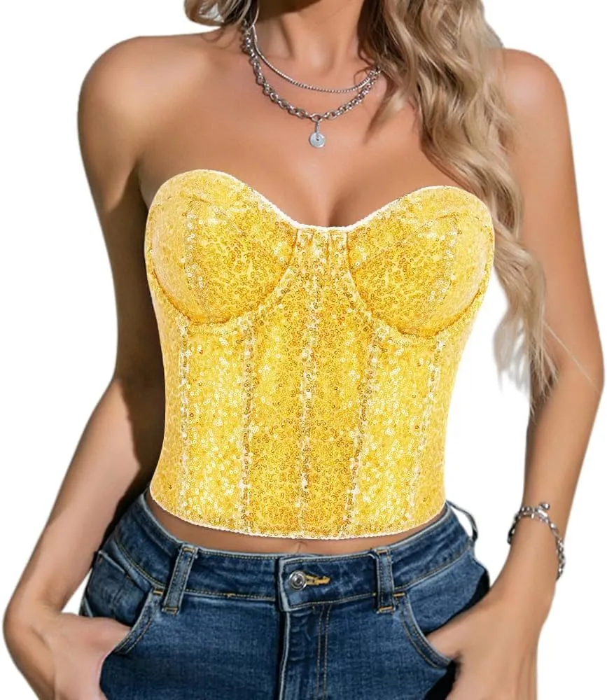Naimo Women's Sparkle Sequin Crop Top Sleeveless V Neck Spaghetti Strap Tank Tops Vest Party Rave Shimmer Camisole