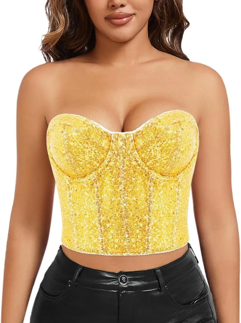 Naimo Women's Sparkle Sequin Crop Top Sleeveless V Neck Spaghetti Strap Tank Tops Vest Party Rave Shimmer Camisole