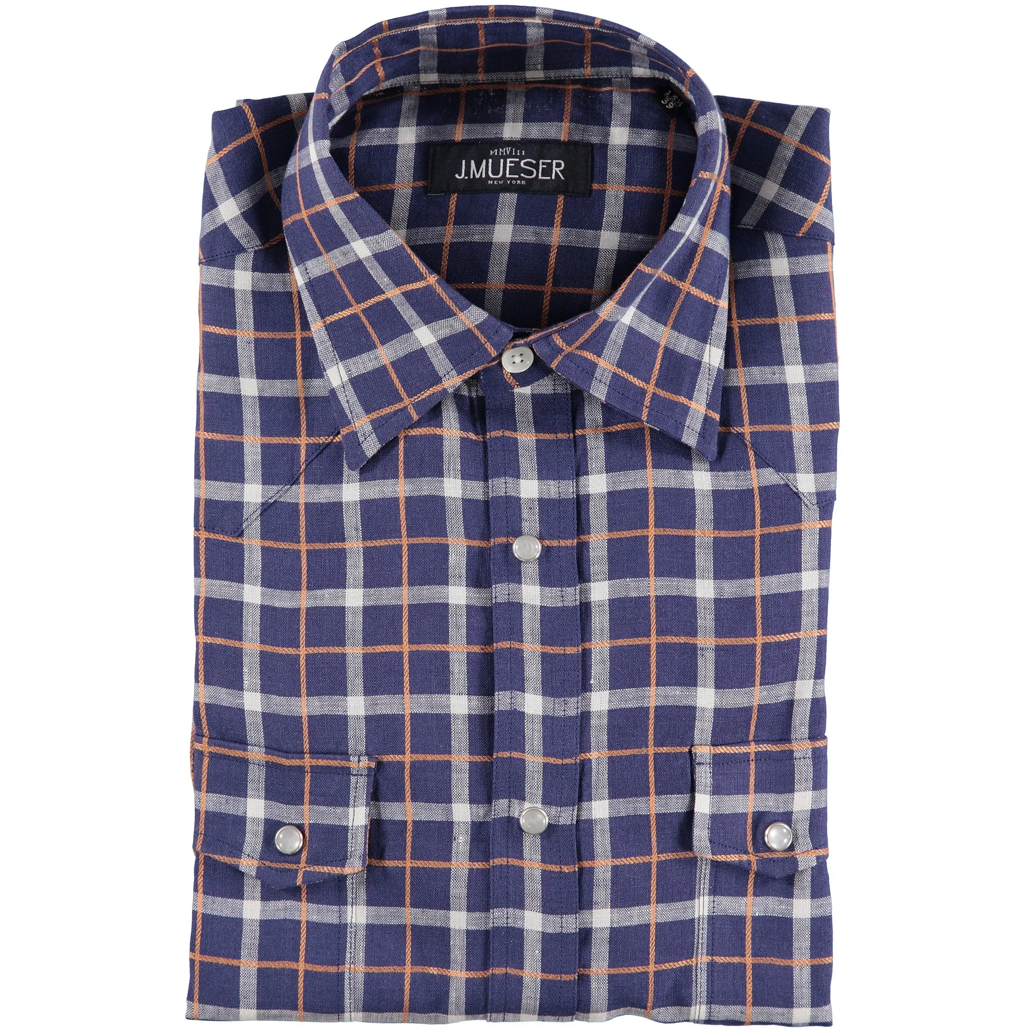 Navy Check Linen Neapolitan Pearl Snap Shirt