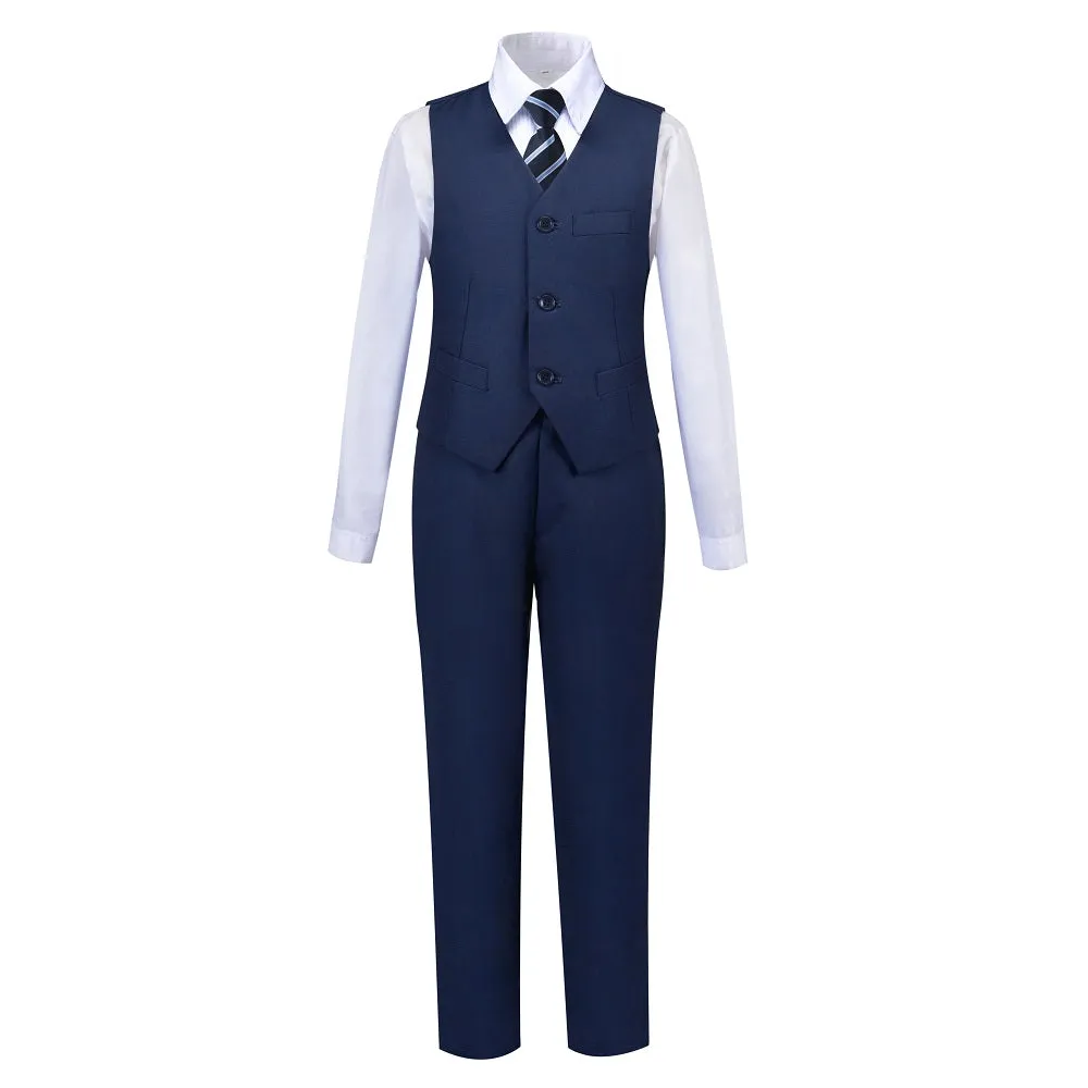 Navy Fit Slim 4 Piece Boy's Formal Suits With Vest Pants Shirt Tie