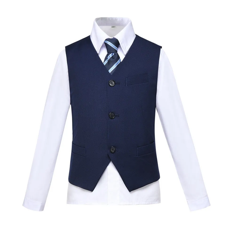 Navy Fit Slim 4 Piece Boy's Formal Suits With Vest Pants Shirt Tie