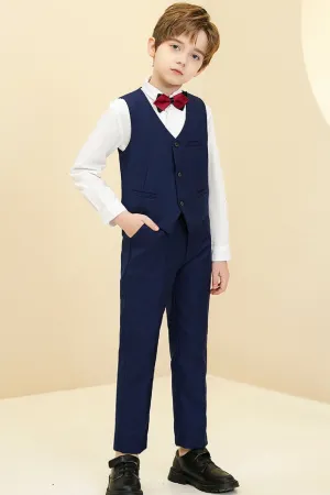 Navy Fit Slim 4 Piece Boy's Formal Suits With Vest Pants Shirt Tie