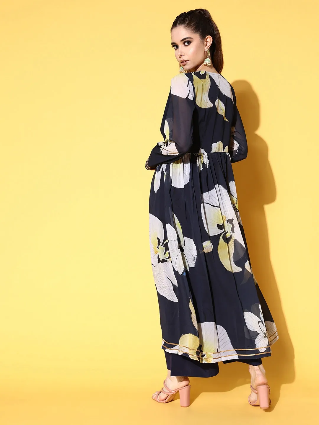 Navy Poly-Georgette Romantic Florals Kurta Set