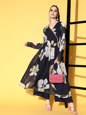 Navy Poly-Georgette Romantic Florals Kurta Set