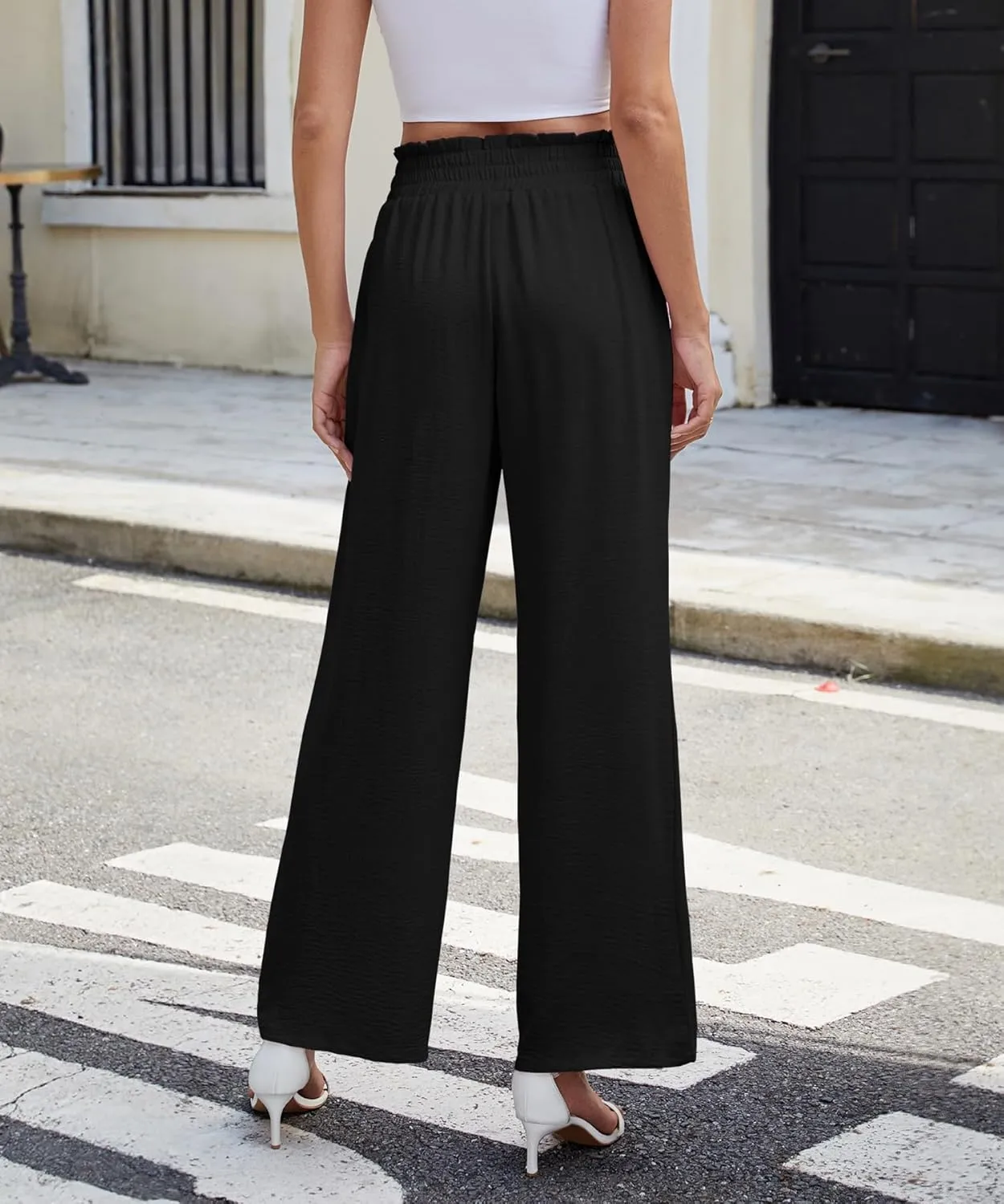 NILOUFO Women Summer Casual Wide Leg Pants High Waisted Elastic Tie Knot Boho Beach Trousers with Pockets