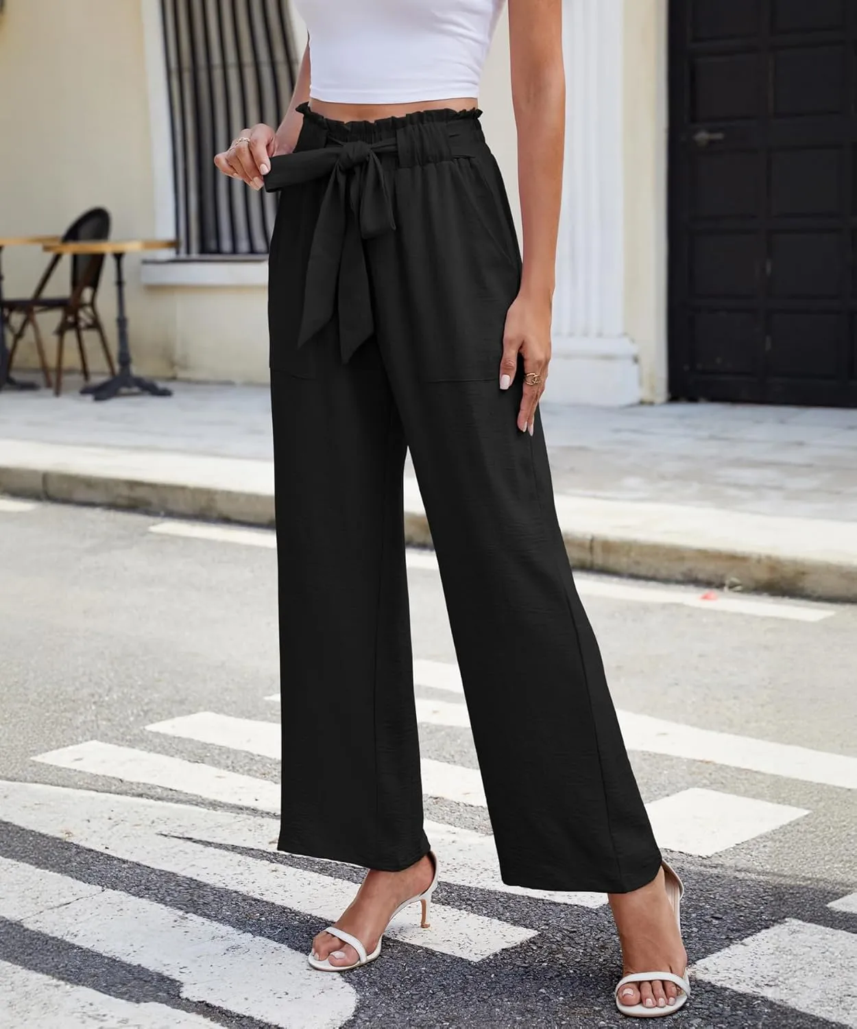 NILOUFO Women Summer Casual Wide Leg Pants High Waisted Elastic Tie Knot Boho Beach Trousers with Pockets