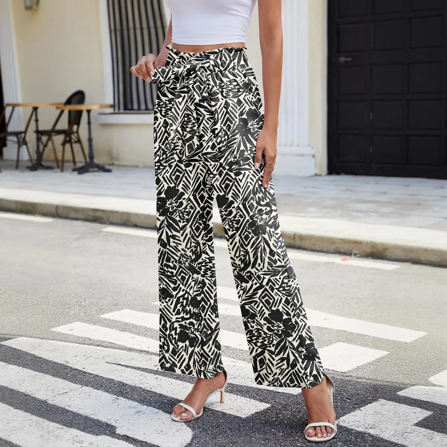 NILOUFO Women Summer Casual Wide Leg Pants High Waisted Elastic Tie Knot Boho Beach Trousers with Pockets
