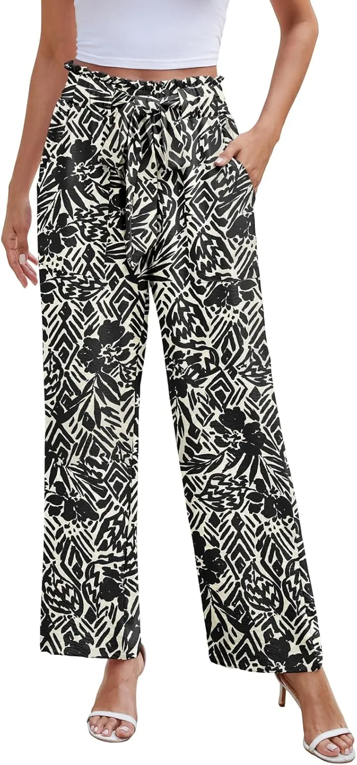 NILOUFO Women Summer Casual Wide Leg Pants High Waisted Elastic Tie Knot Boho Beach Trousers with Pockets