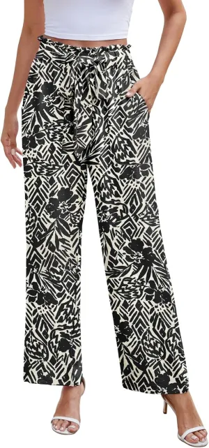 NILOUFO Women Summer Casual Wide Leg Pants High Waisted Elastic Tie Knot Boho Beach Trousers with Pockets