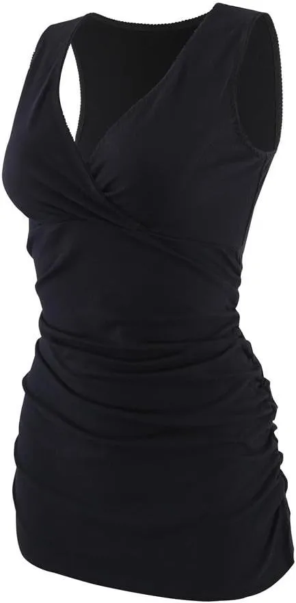 Nursing Maternity Top, Pregnant Breastfeeding Shirt, Women's Cotton V Neck Ruched Waist Double Layered Postpartum Tank