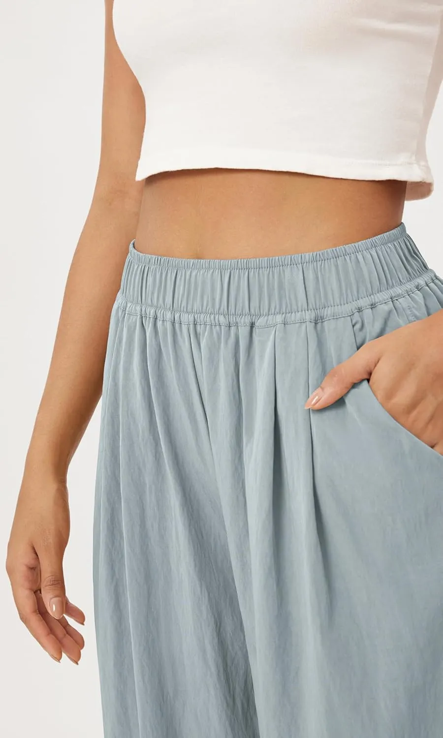 ODODOS Women's Wide Leg Pants with Pockets Crinkle Comfy High Waist Pull-On Lounge Casual Pants