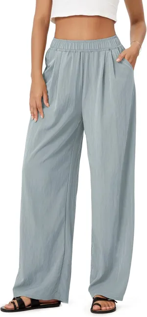 ODODOS Women's Wide Leg Pants with Pockets Crinkle Comfy High Waist Pull-On Lounge Casual Pants