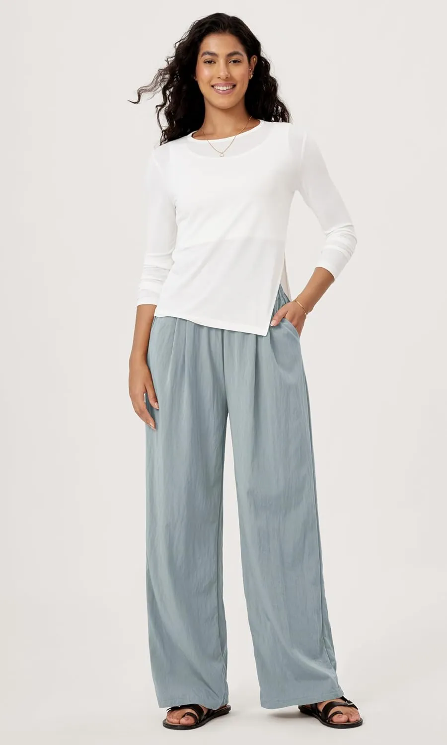 ODODOS Women's Wide Leg Pants with Pockets Crinkle Comfy High Waist Pull-On Lounge Casual Pants
