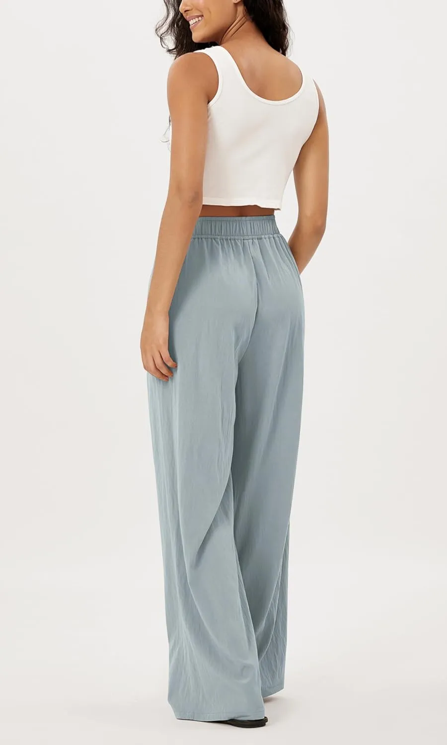ODODOS Women's Wide Leg Pants with Pockets Crinkle Comfy High Waist Pull-On Lounge Casual Pants