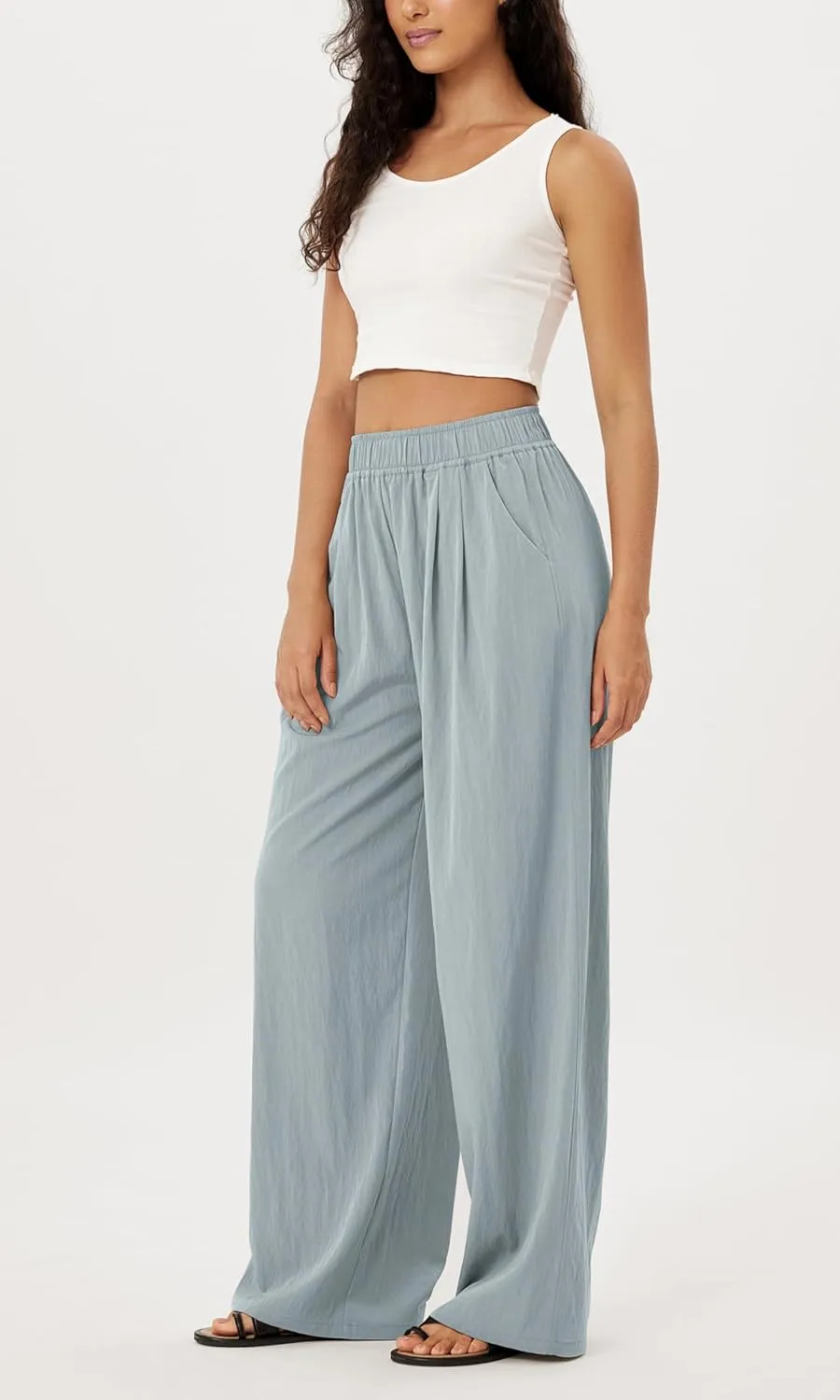 ODODOS Women's Wide Leg Pants with Pockets Crinkle Comfy High Waist Pull-On Lounge Casual Pants