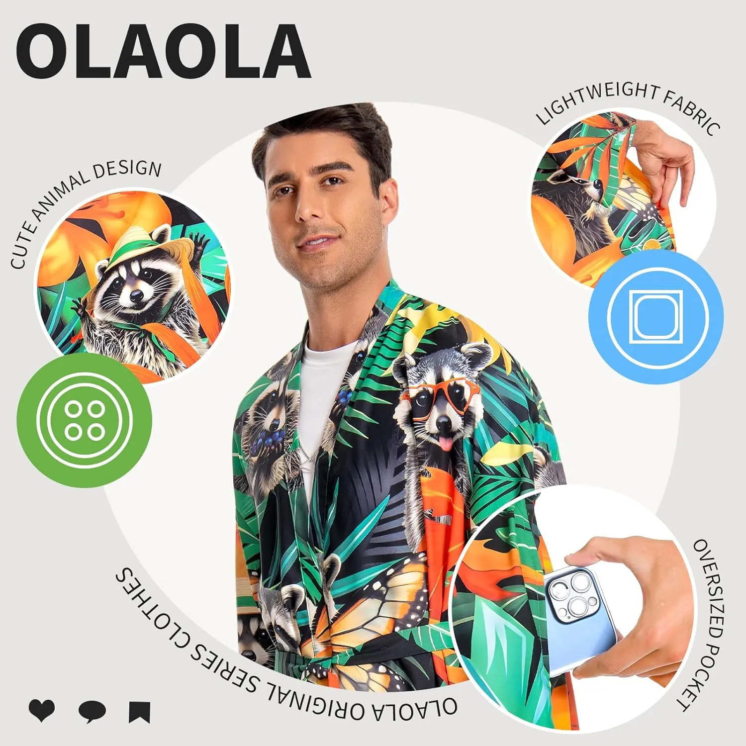 OLAOLA Men Lightweight Kimono Robe with Belt Japanese Style Robe Jacket Casual Open Front Long Cardigan Cape Coat Outwear