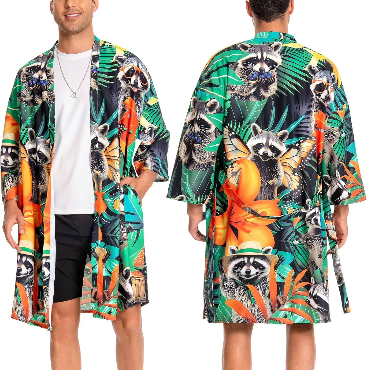 OLAOLA Men Lightweight Kimono Robe with Belt Japanese Style Robe Jacket Casual Open Front Long Cardigan Cape Coat Outwear
