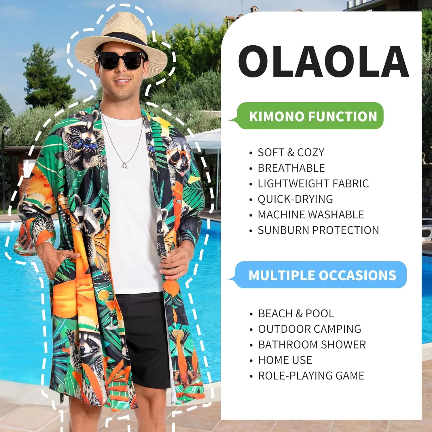 OLAOLA Men Lightweight Kimono Robe with Belt Japanese Style Robe Jacket Casual Open Front Long Cardigan Cape Coat Outwear