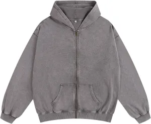 Oversized Vintage Cotton Jacket Acid Wash Grunge Basic Zip Up Hoodie For Women Distressed Baggy Long Sleeve Tops