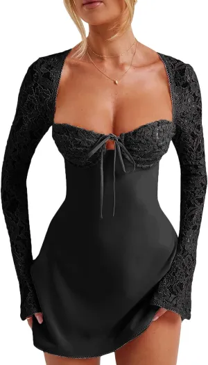 Owl's-Yard Women's White Mini Dress, Low Cut Back Tie, Lace Long Sleeve, A-Line, Formal, Casual, All Seasons, S/M/L