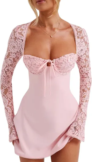 Owl's-Yard Women's White Mini Dress, Low Cut Back Tie, Lace Long Sleeve, A-Line, Formal, Casual, All Seasons, S/M/L