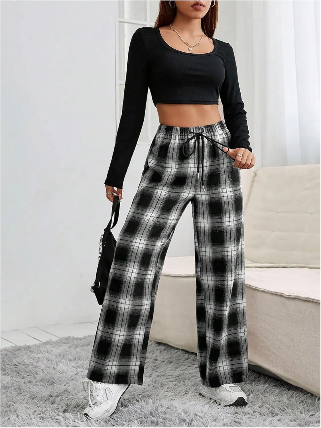 OYOANGLE Women's Plaid Drawstring High Waist Pants Comfy Baggy Trendy Wide Leg Casual Trousers